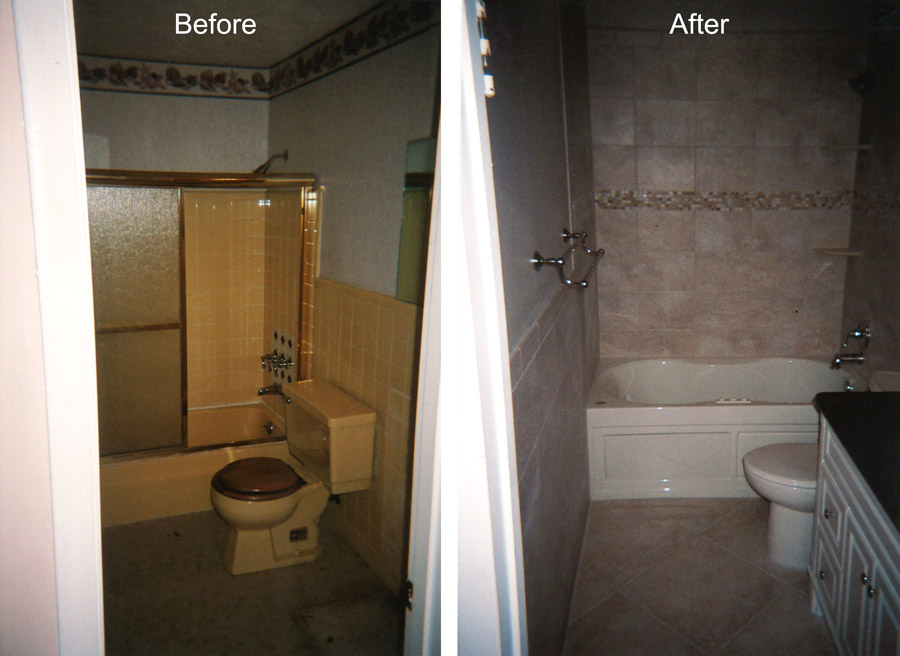 bathroom remodel with new toilet, tub and tile