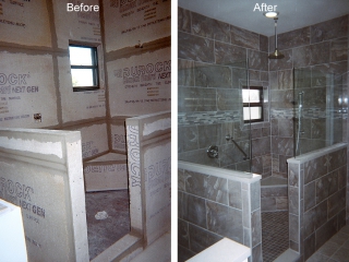 bathroom redesign with overhead shower with seat
