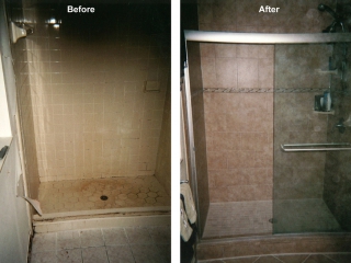 shower remodel with new tile and sliding door